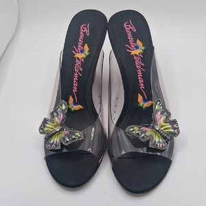 Beverly Feldman Black Slide Sandals with Multicolor Butterfly Appliqués